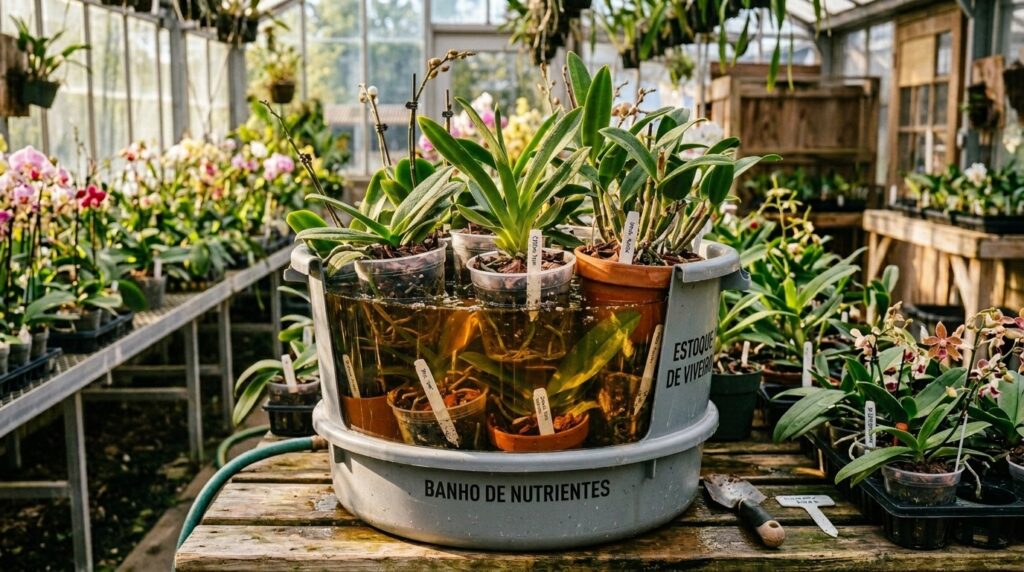 Banho de imersão de Orquídeas para absorção de Nutrientes.