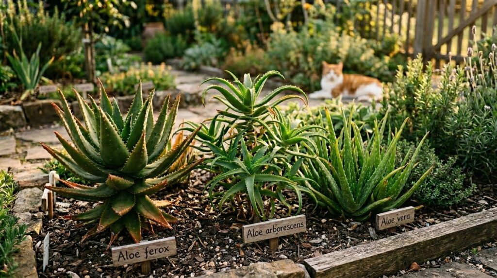 Canteiro com três tipos de Aloe Vera.