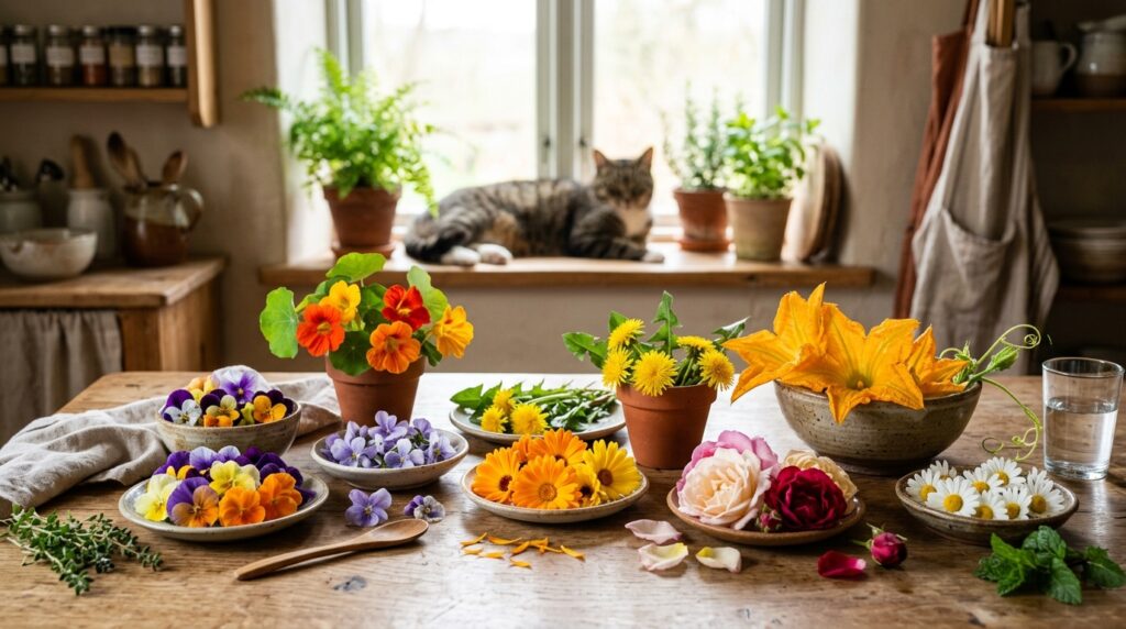 Flores Comestíveis sobre a mesa na cozinha.