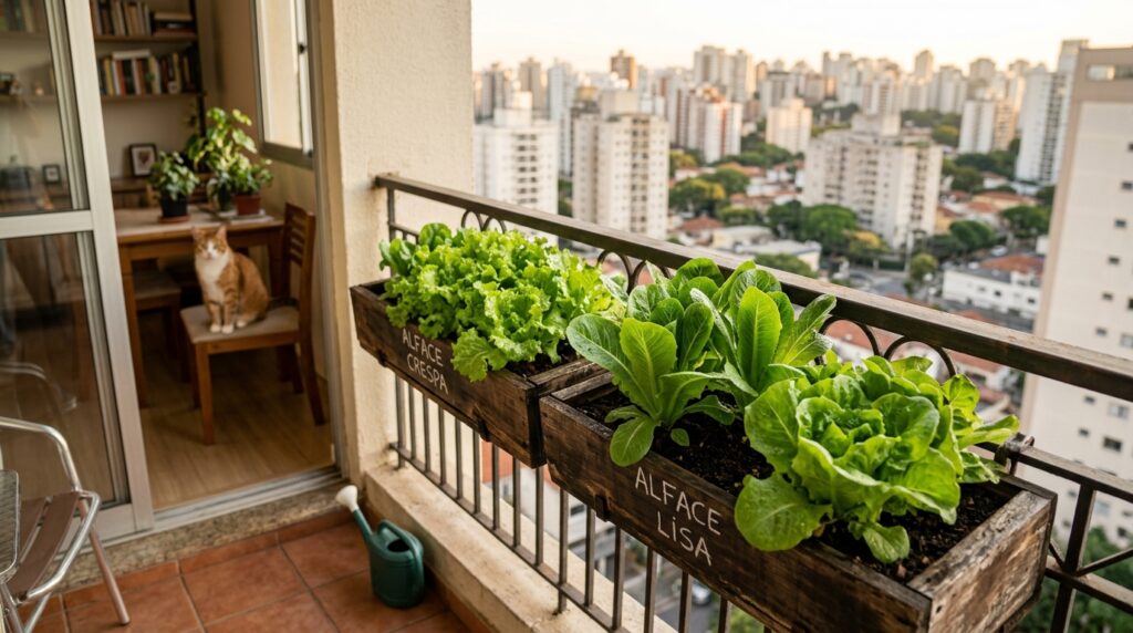 Floreira de alfaces em apartamento.