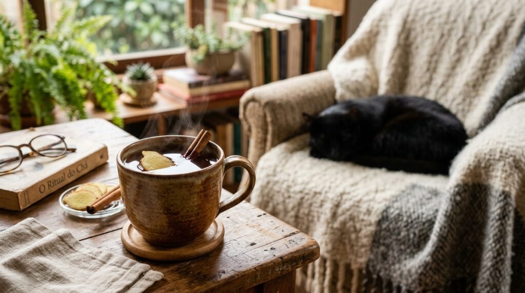 Caneca de chá preto com gengibre e canela sobre a mesa na sala.