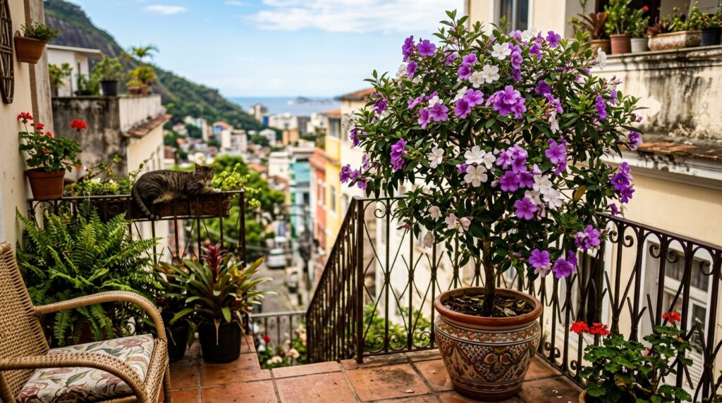 Manacá florido plantado em vaso na varanda