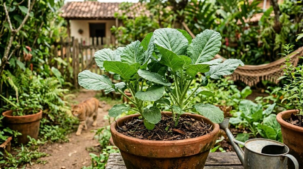 Couve Manteiga em vaso de barro no quintal de casa.