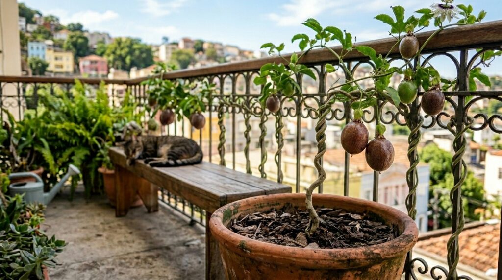 Maracujá plantado em vaso em sacada de apartamento.