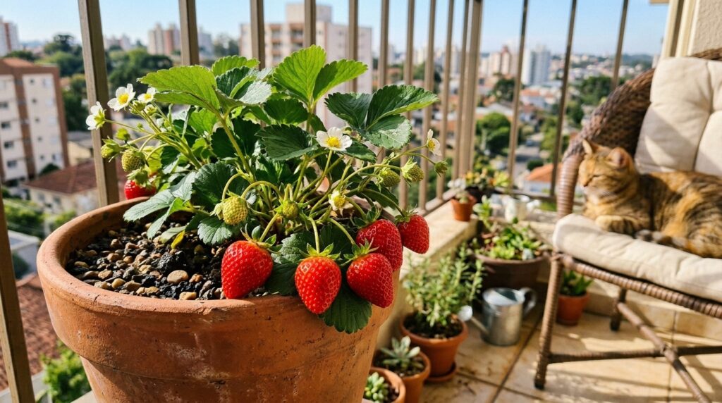 Morangos plantados em vaso em sacada de apartamento.