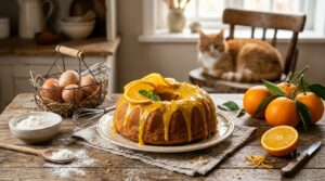 Foto de lindo bolo de Laranja sobre mesa de madeira na cozinha.