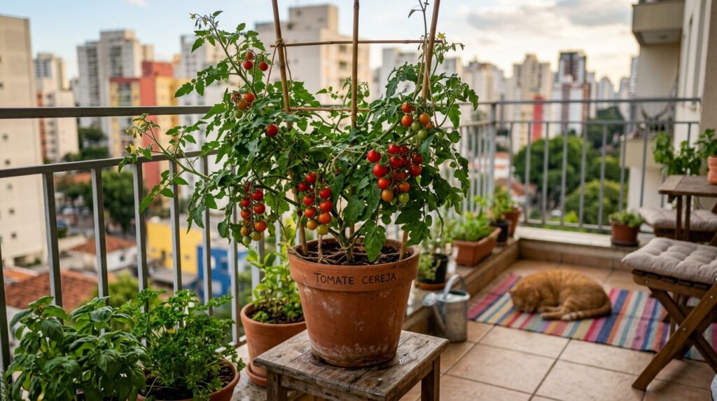 Pé de tomate cereja, em vaso na sacada do apartamento.