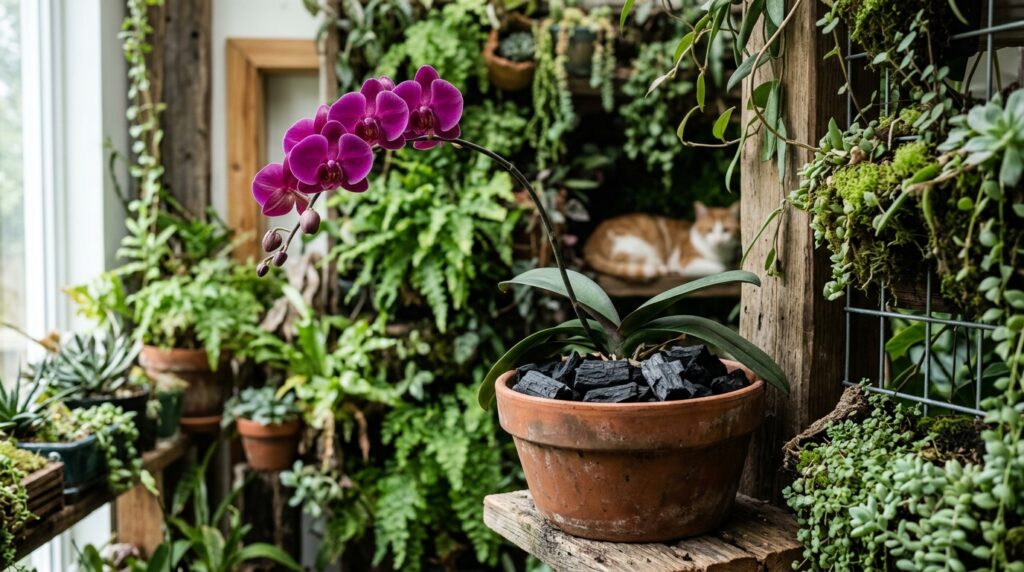 Vaso de Orquídea plantada no Carvão.