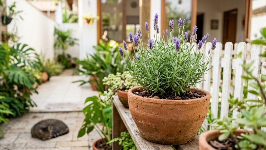 Foto do vaso de Lavanda na varanda de casa.