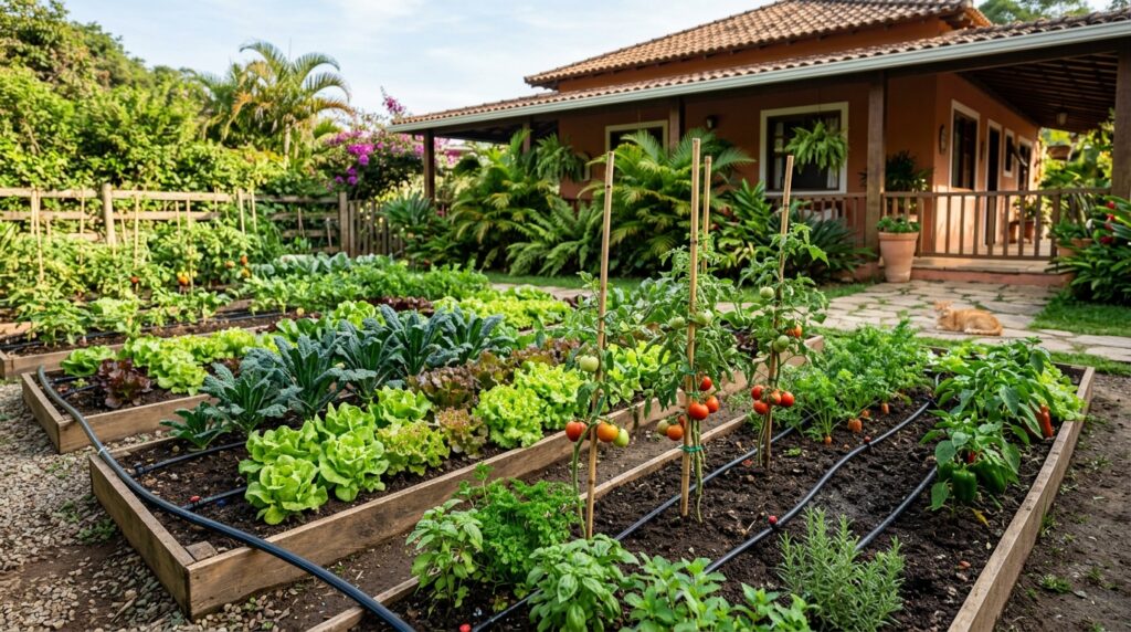 Horta caseira com sistema de irrigação por gotejamento.