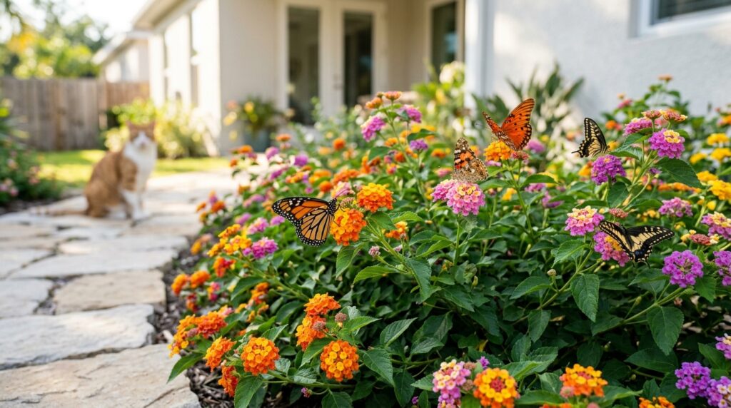 Canteiro de Lantanas com borboletas no jardim.
