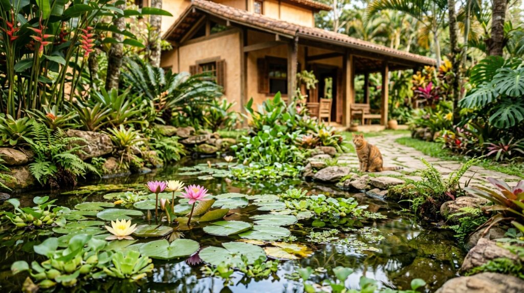 Plantas aquáticas em um lindo jardim.