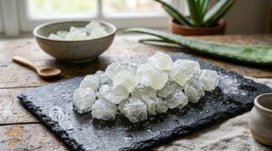 Pedaços de babosa congelados para combater olheiras.