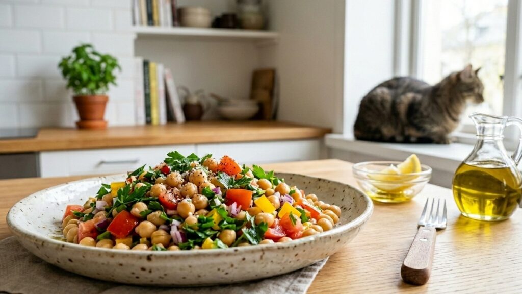 Prato de salada de grão de bico.