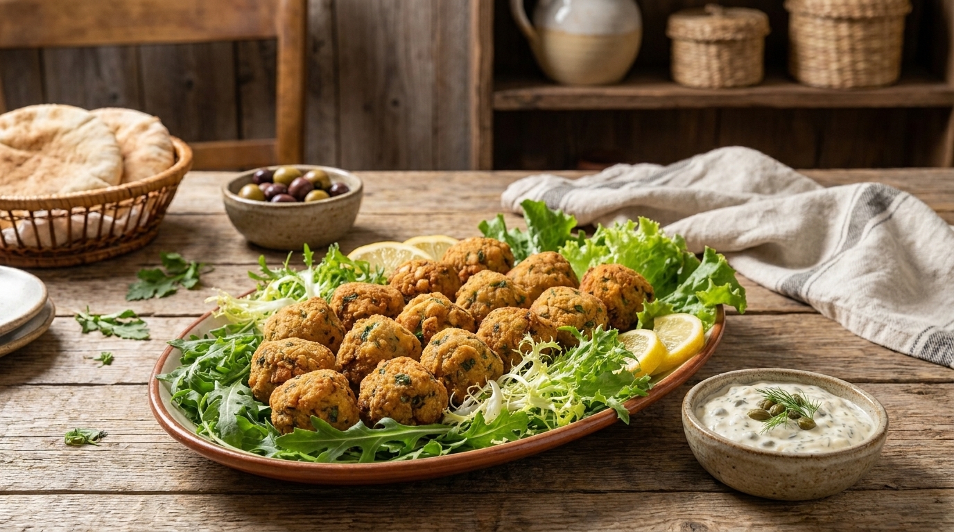 Bolinho de Peixe com Pão Triturado e Molho Tártaro